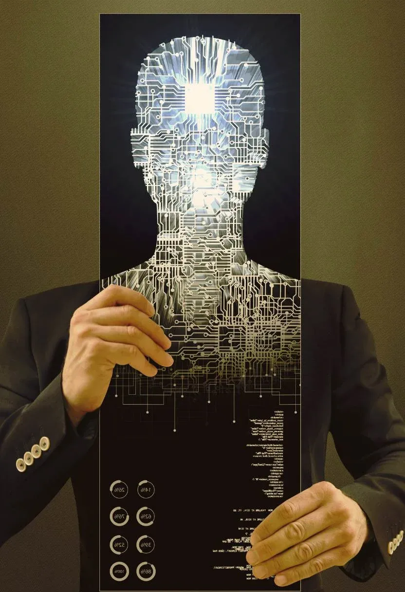 Personne tenant devant son visage un panneau montrant un profil humain en circuits imprimés