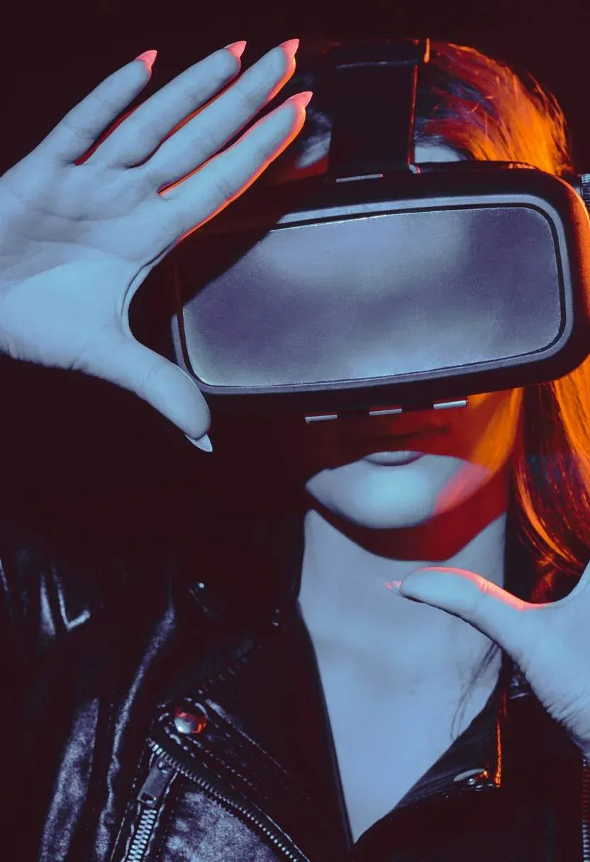 Femme portant un casque de réalité virtuelle sous une lumière bleue et orange